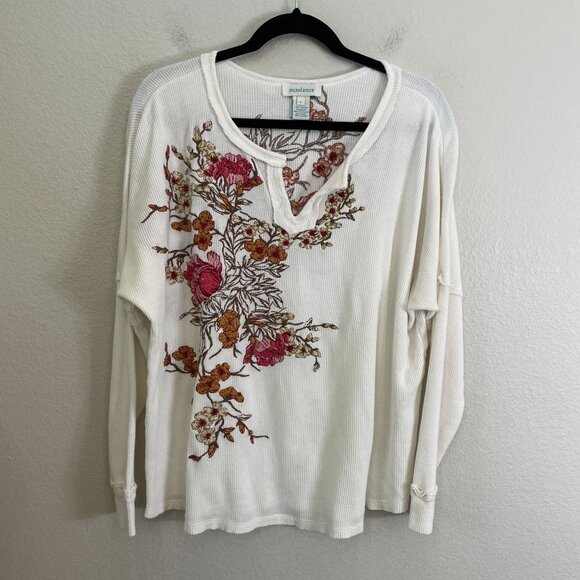 Sundance Womens Large White Floral Embroidered Waffle Knit Long Sleeve Top - Picture 4 of 9